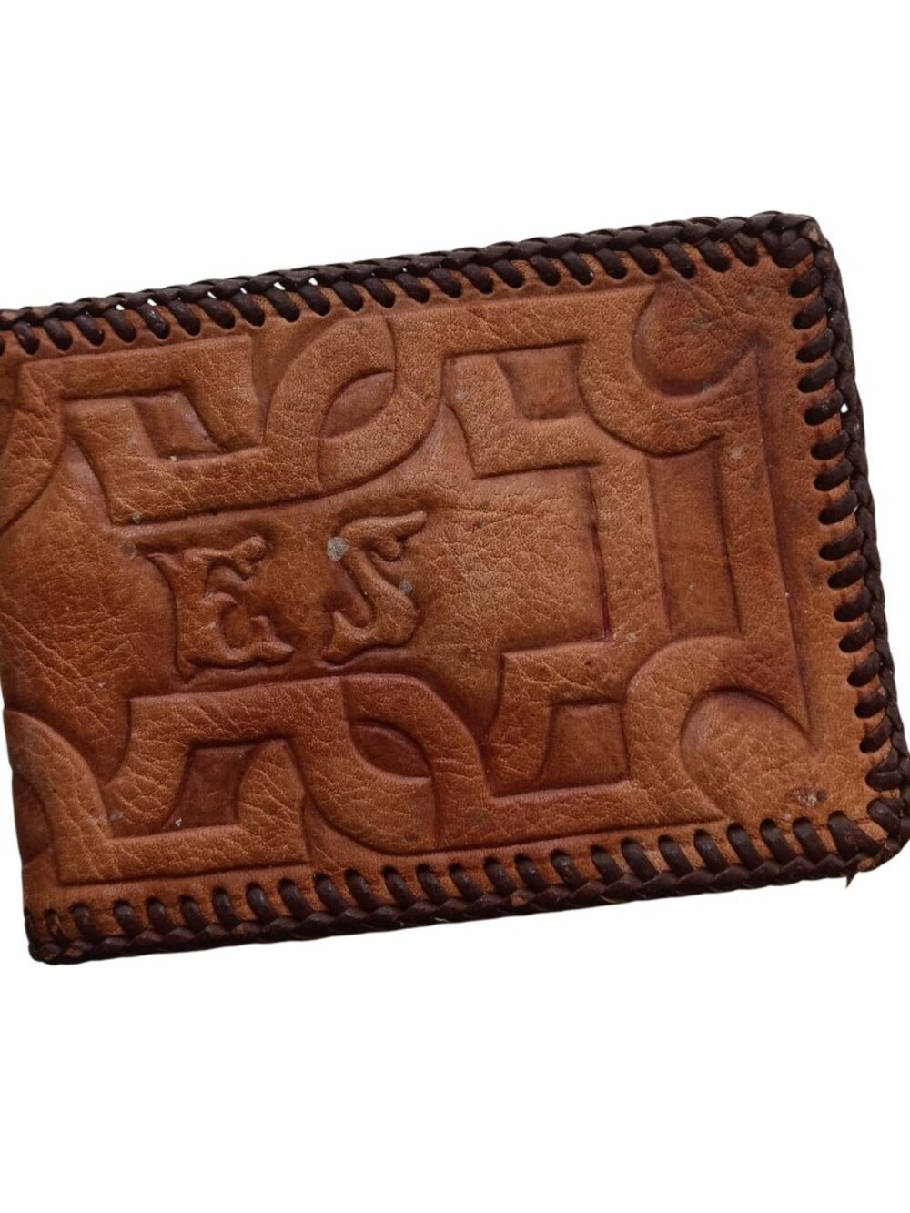 True Vintage Leather Wallet 70s Handcrafted Embossed Bonded Laced Monogram E.W.